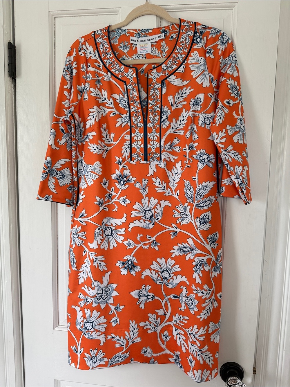 Gretchen Scott NWT Orange Floral Dress with White and Navy. Medium
